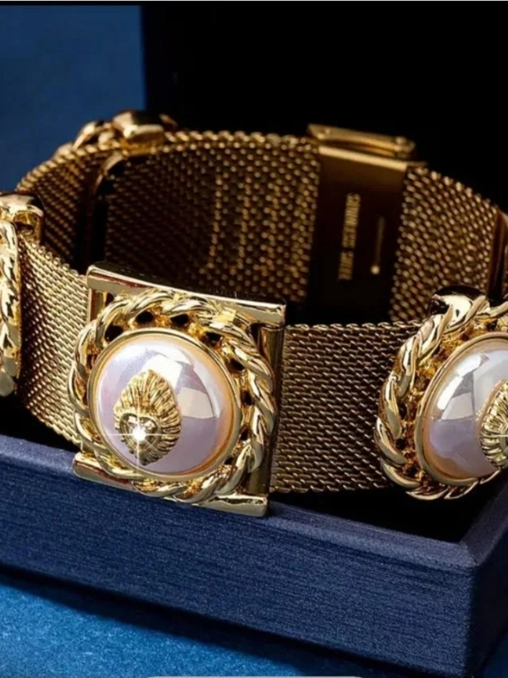 Gold Mesh Bracelet with Pink Cabochon Accents - Women Jewelry